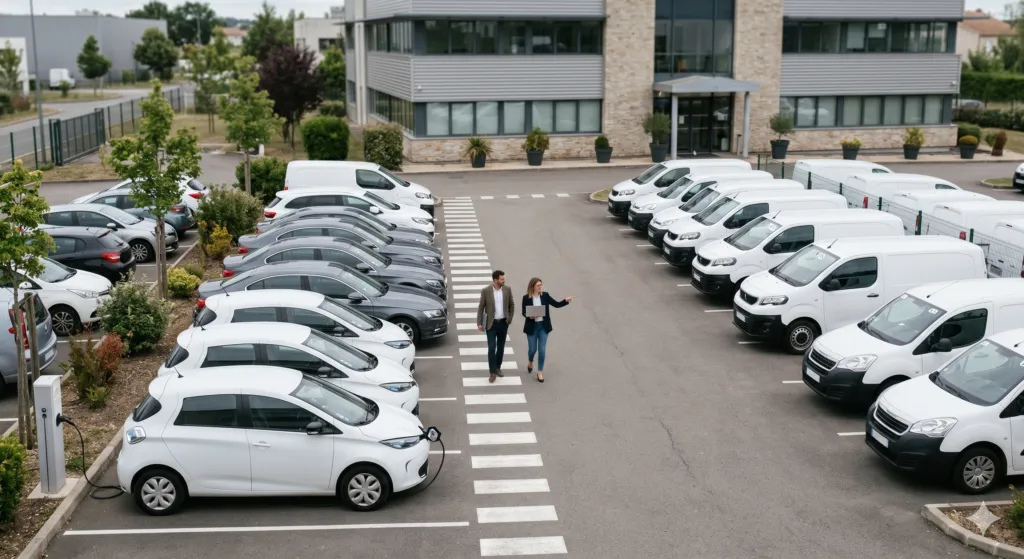 Flotte de véhicules alignée sur un parking d'entreprise